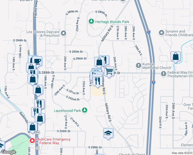map of restaurants, bars, coffee shops, grocery stores, and more near 28810 23rd Place South in Federal Way