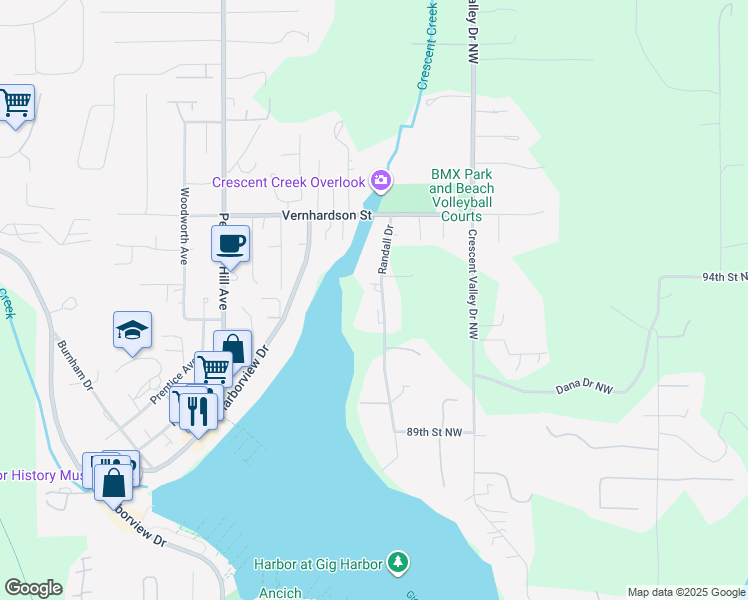 map of restaurants, bars, coffee shops, grocery stores, and more near 9308 Randall Drive in Gig Harbor