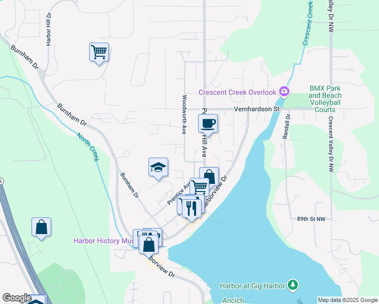 map of restaurants, bars, coffee shops, grocery stores, and more near 9311 Woodworth Avenue in Gig Harbor