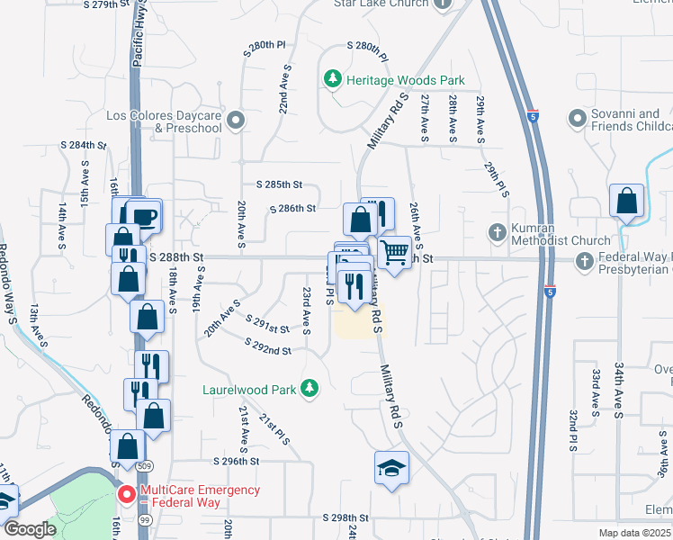 map of restaurants, bars, coffee shops, grocery stores, and more near 28810 23rd Place South in Federal Way