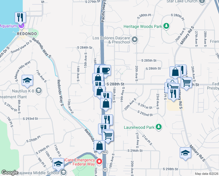 map of restaurants, bars, coffee shops, grocery stores, and more near in Federal Way