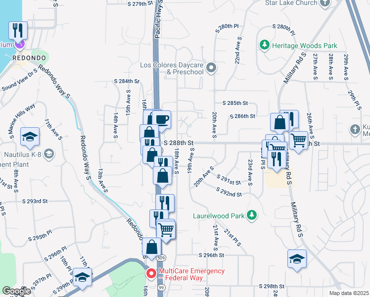 map of restaurants, bars, coffee shops, grocery stores, and more near 1837 South 288th Street in Federal Way
