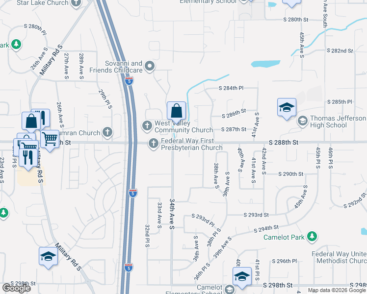 map of restaurants, bars, coffee shops, grocery stores, and more near 3405 South 288th Street in Auburn