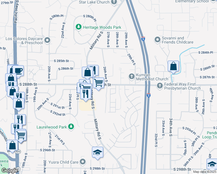 map of restaurants, bars, coffee shops, grocery stores, and more near 2611 South 288th Street in Federal Way