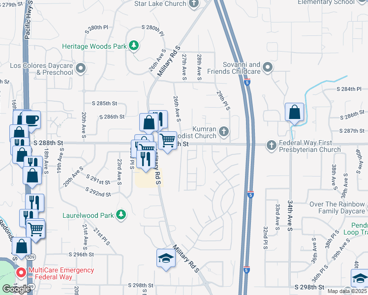map of restaurants, bars, coffee shops, grocery stores, and more near 2611 South 288th Street in Federal Way