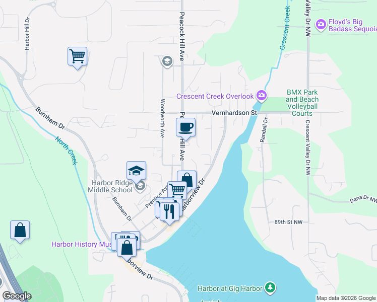 map of restaurants, bars, coffee shops, grocery stores, and more near 9311 Peacock Hill Avenue in Gig Harbor