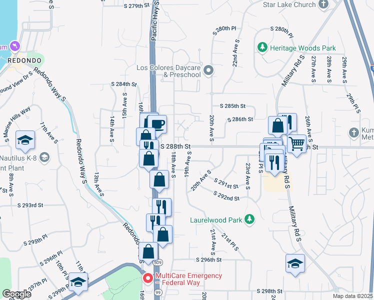 map of restaurants, bars, coffee shops, grocery stores, and more near 1837 South 288th Street in Federal Way