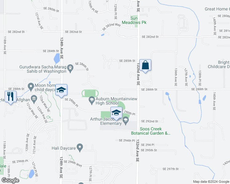 map of restaurants, bars, coffee shops, grocery stores, and more near 12974 Southeast 288th Place in Auburn