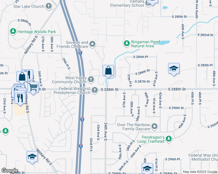 map of restaurants, bars, coffee shops, grocery stores, and more near 3405 South 288th Street in Auburn