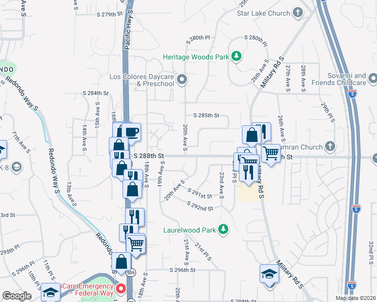 map of restaurants, bars, coffee shops, grocery stores, and more near 28808 20th Place South in Federal Way