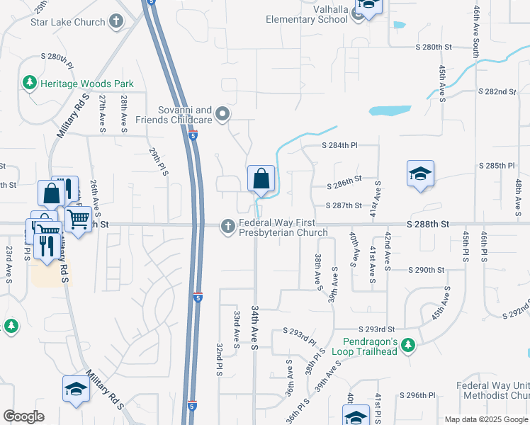 map of restaurants, bars, coffee shops, grocery stores, and more near 28710 34th Avenue South in Auburn