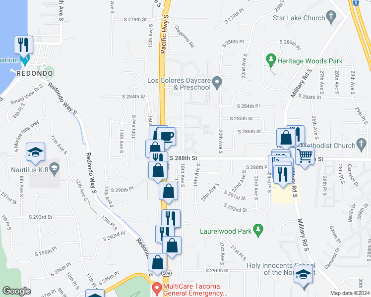 map of restaurants, bars, coffee shops, grocery stores, and more near 28300 18th Avenue South in Federal Way