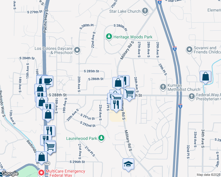 map of restaurants, bars, coffee shops, grocery stores, and more near 2255 South 287th Street in Auburn