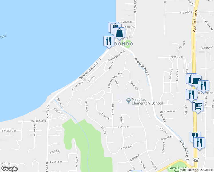map of restaurants, bars, coffee shops, grocery stores, and more near 812 South Marine Hills Way in Federal Way