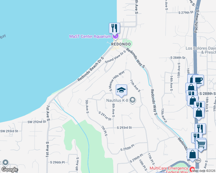 map of restaurants, bars, coffee shops, grocery stores, and more near 812 South Marine Hills Way in Federal Way