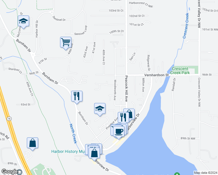 map of restaurants, bars, coffee shops, grocery stores, and more near 3912 Sutherland Street in Gig Harbor