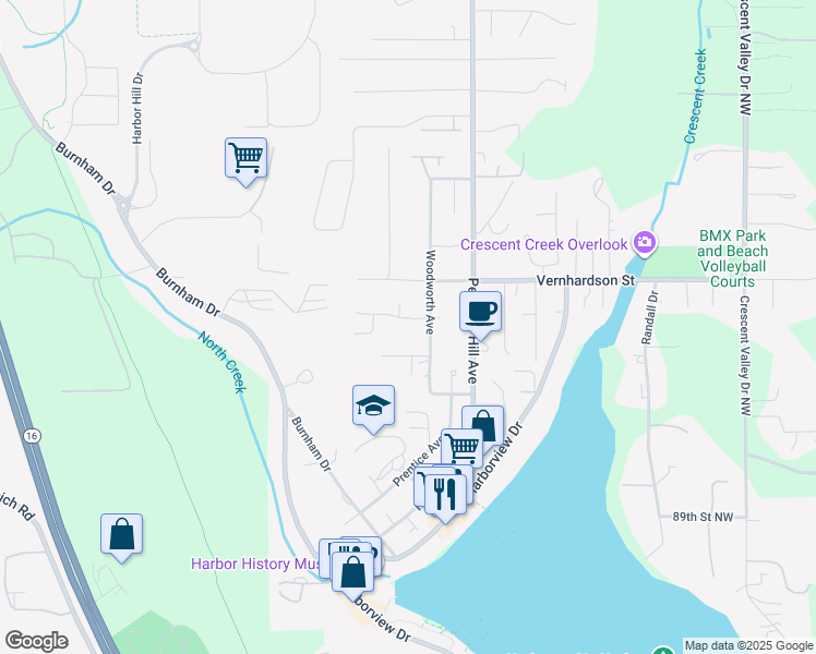 map of restaurants, bars, coffee shops, grocery stores, and more near 3912 Sutherland Street in Gig Harbor