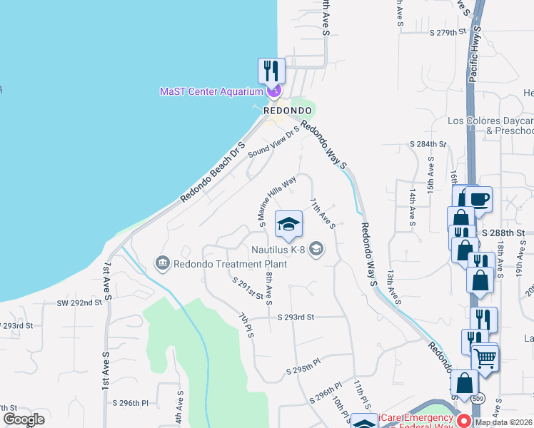 map of restaurants, bars, coffee shops, grocery stores, and more near 824 South Marine Hills Way in Federal Way