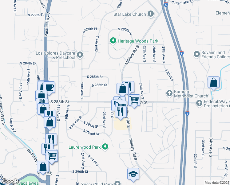 map of restaurants, bars, coffee shops, grocery stores, and more near 2255 South 287th Street in Auburn