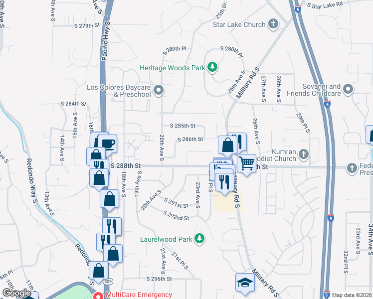 map of restaurants, bars, coffee shops, grocery stores, and more near 2200 22nd Avenue South in Federal Way