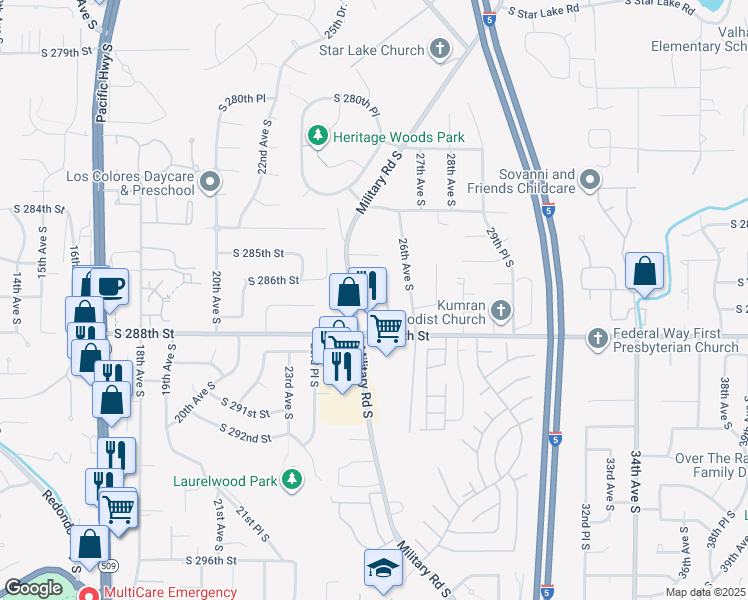 map of restaurants, bars, coffee shops, grocery stores, and more near 2511 South 286th Place in Federal Way