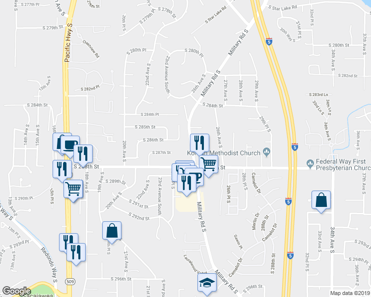 map of restaurants, bars, coffee shops, grocery stores, and more near 2255 South 287th Street in Auburn