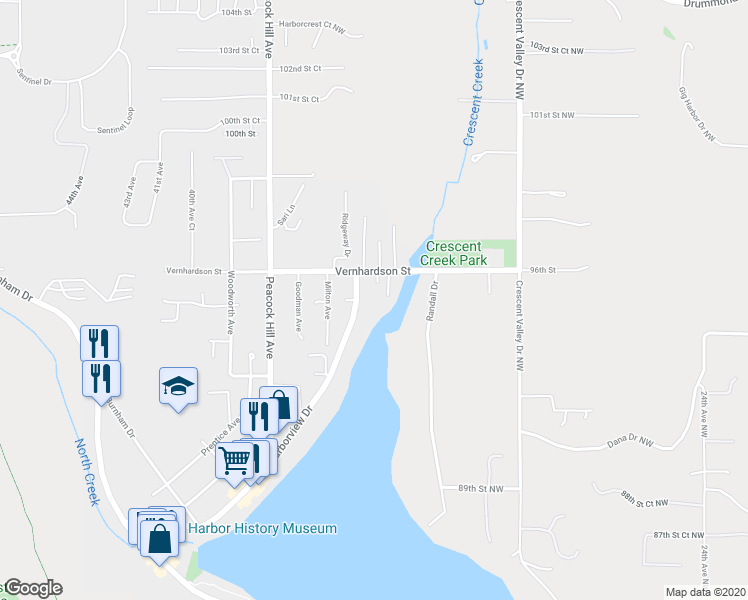 map of restaurants, bars, coffee shops, grocery stores, and more near 9508 Crescent Cove Place in Gig Harbor