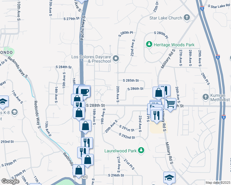 map of restaurants, bars, coffee shops, grocery stores, and more near 28537 20th Avenue South in Federal Way