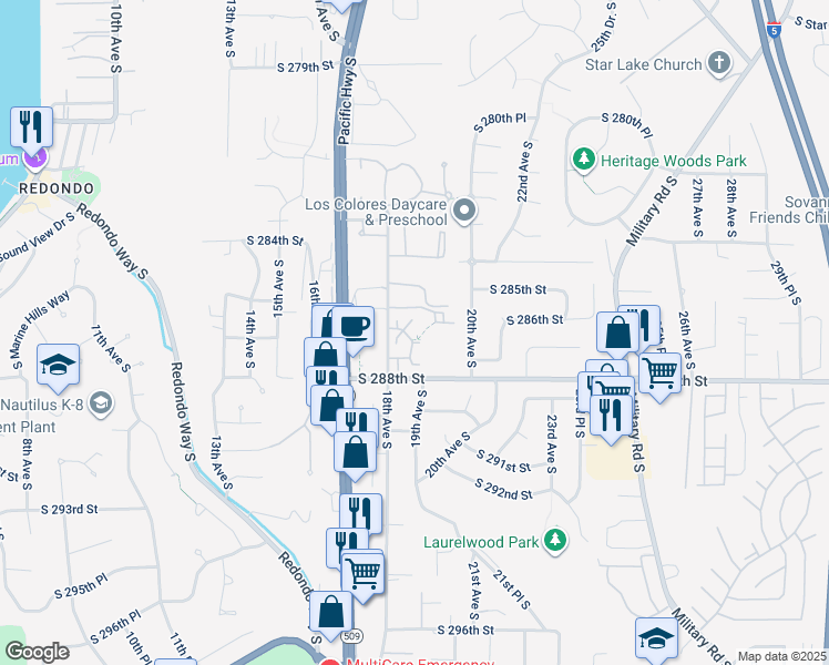 map of restaurants, bars, coffee shops, grocery stores, and more near 28708 18th Avenue South in Federal Way
