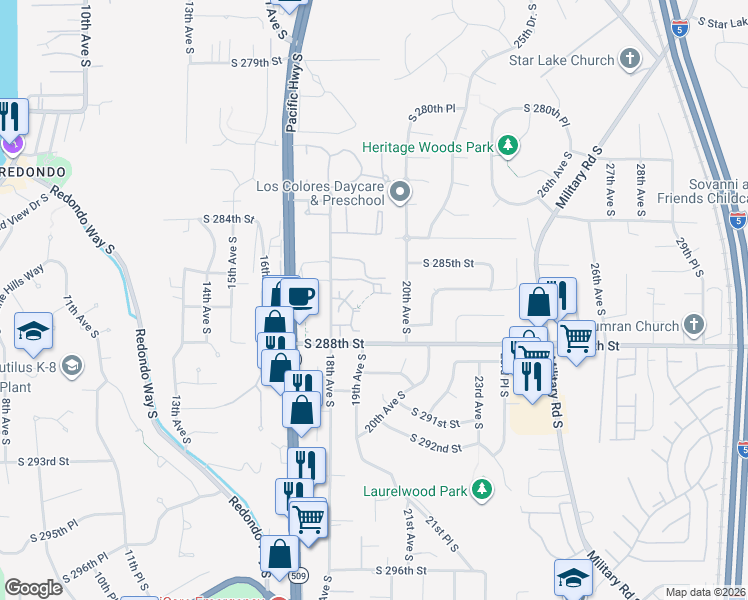 map of restaurants, bars, coffee shops, grocery stores, and more near 28537 20th Avenue South in Federal Way