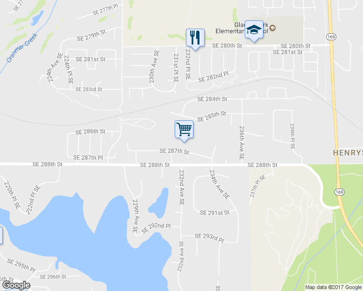 map of restaurants, bars, coffee shops, grocery stores, and more near 23118 Southeast 287th Street in Maple Valley