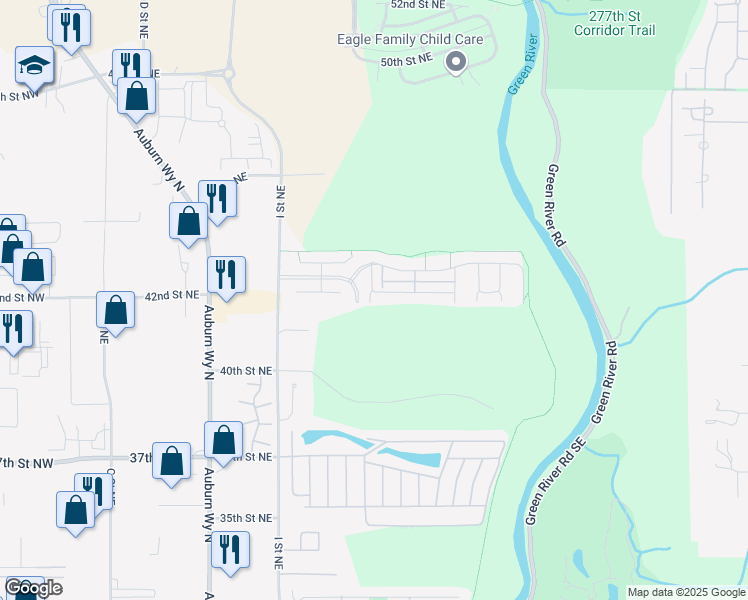 map of restaurants, bars, coffee shops, grocery stores, and more near 1256 42nd Street Northeast in Auburn