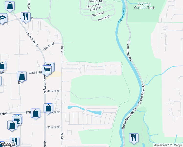 map of restaurants, bars, coffee shops, grocery stores, and more near 1350 42nd Street Northeast in Auburn