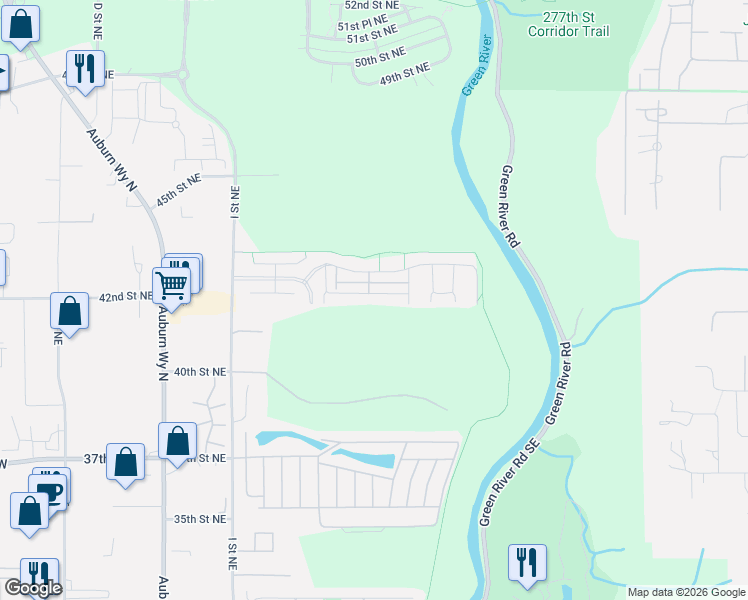map of restaurants, bars, coffee shops, grocery stores, and more near 1350 42nd Street Northeast in Auburn