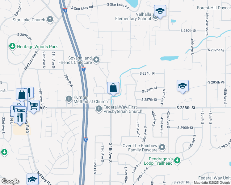 map of restaurants, bars, coffee shops, grocery stores, and more near 28710 34th Avenue South in Auburn