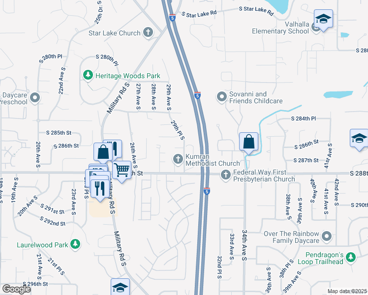 map of restaurants, bars, coffee shops, grocery stores, and more near 37309 29th Place South in Federal Way
