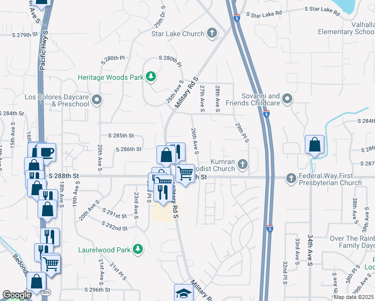 map of restaurants, bars, coffee shops, grocery stores, and more near 28606 25th Place South in Federal Way