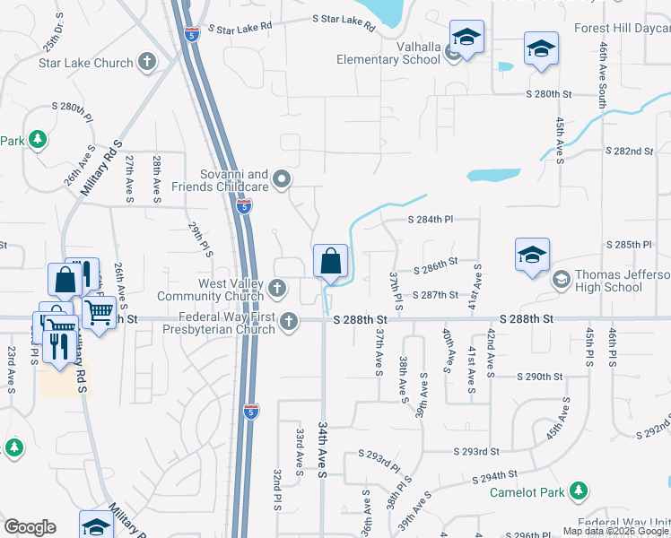 map of restaurants, bars, coffee shops, grocery stores, and more near 28700 34th Avenue South in Auburn
