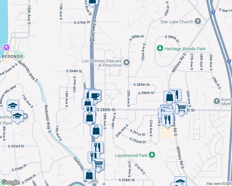 map of restaurants, bars, coffee shops, grocery stores, and more near 28537 20th Avenue South in Federal Way