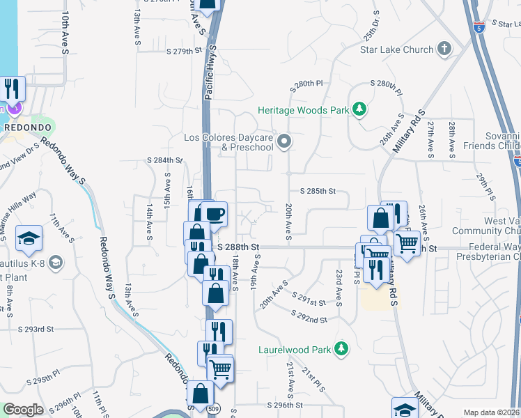 map of restaurants, bars, coffee shops, grocery stores, and more near 28537 20th Avenue South in Federal Way