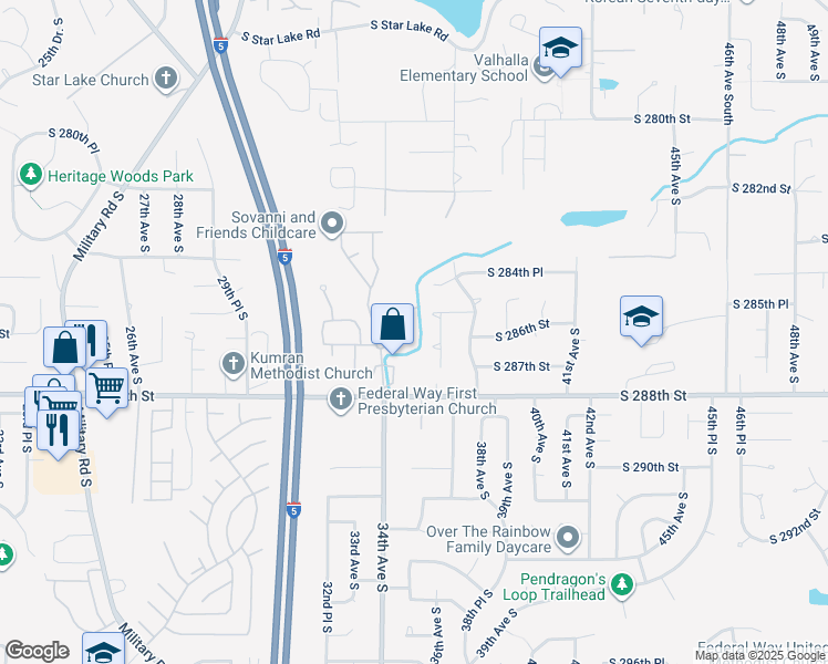 map of restaurants, bars, coffee shops, grocery stores, and more near 28700 34th Avenue South in Auburn