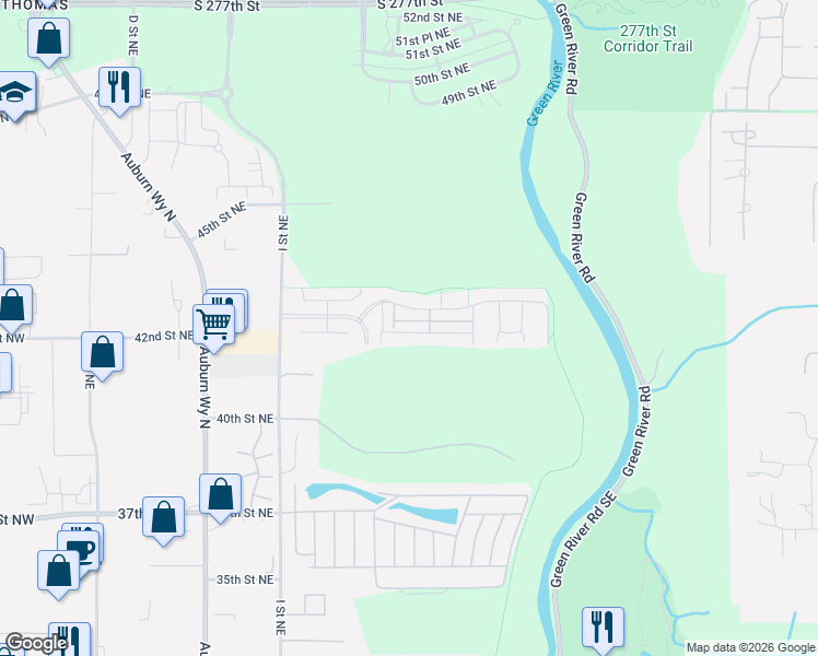 map of restaurants, bars, coffee shops, grocery stores, and more near 1350 42nd Street Northeast in Auburn