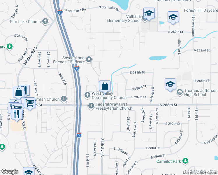 map of restaurants, bars, coffee shops, grocery stores, and more near 28710 34th Avenue South in Auburn
