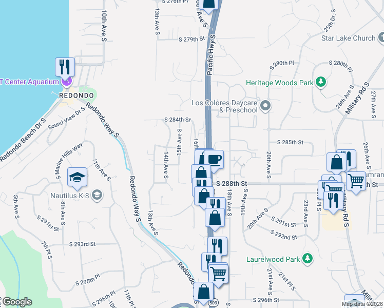 map of restaurants, bars, coffee shops, grocery stores, and more near 28700 15th Avenue South in Federal Way