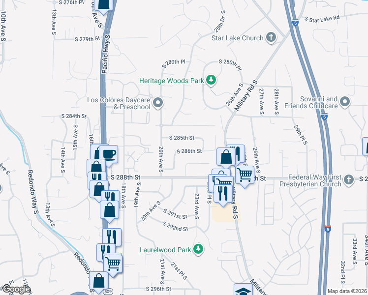 map of restaurants, bars, coffee shops, grocery stores, and more near 2200 22nd Avenue South in Federal Way