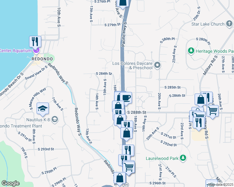 map of restaurants, bars, coffee shops, grocery stores, and more near 28621 Pacific Highway South in Federal Way