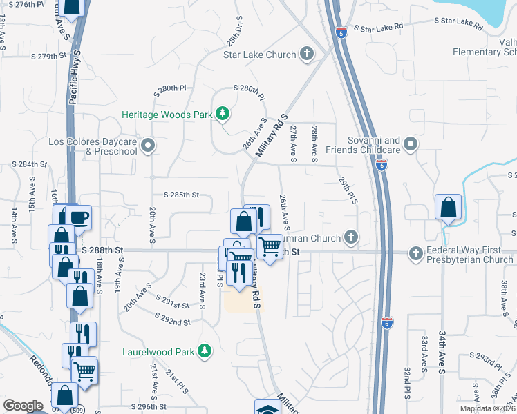map of restaurants, bars, coffee shops, grocery stores, and more near 2511 South 286th Place in Federal Way