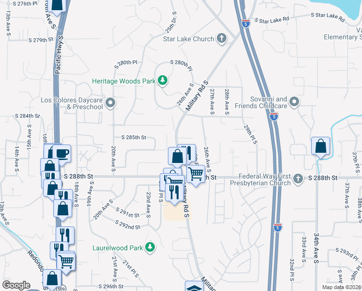 map of restaurants, bars, coffee shops, grocery stores, and more near 2516 South 286th Street in Federal Way