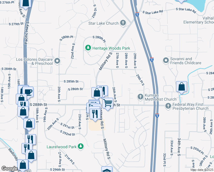 map of restaurants, bars, coffee shops, grocery stores, and more near 28437 26th Avenue South in Federal Way