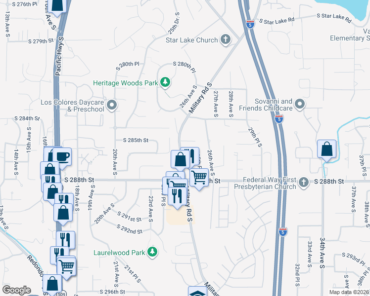 map of restaurants, bars, coffee shops, grocery stores, and more near 2516 South 286th Street in Federal Way